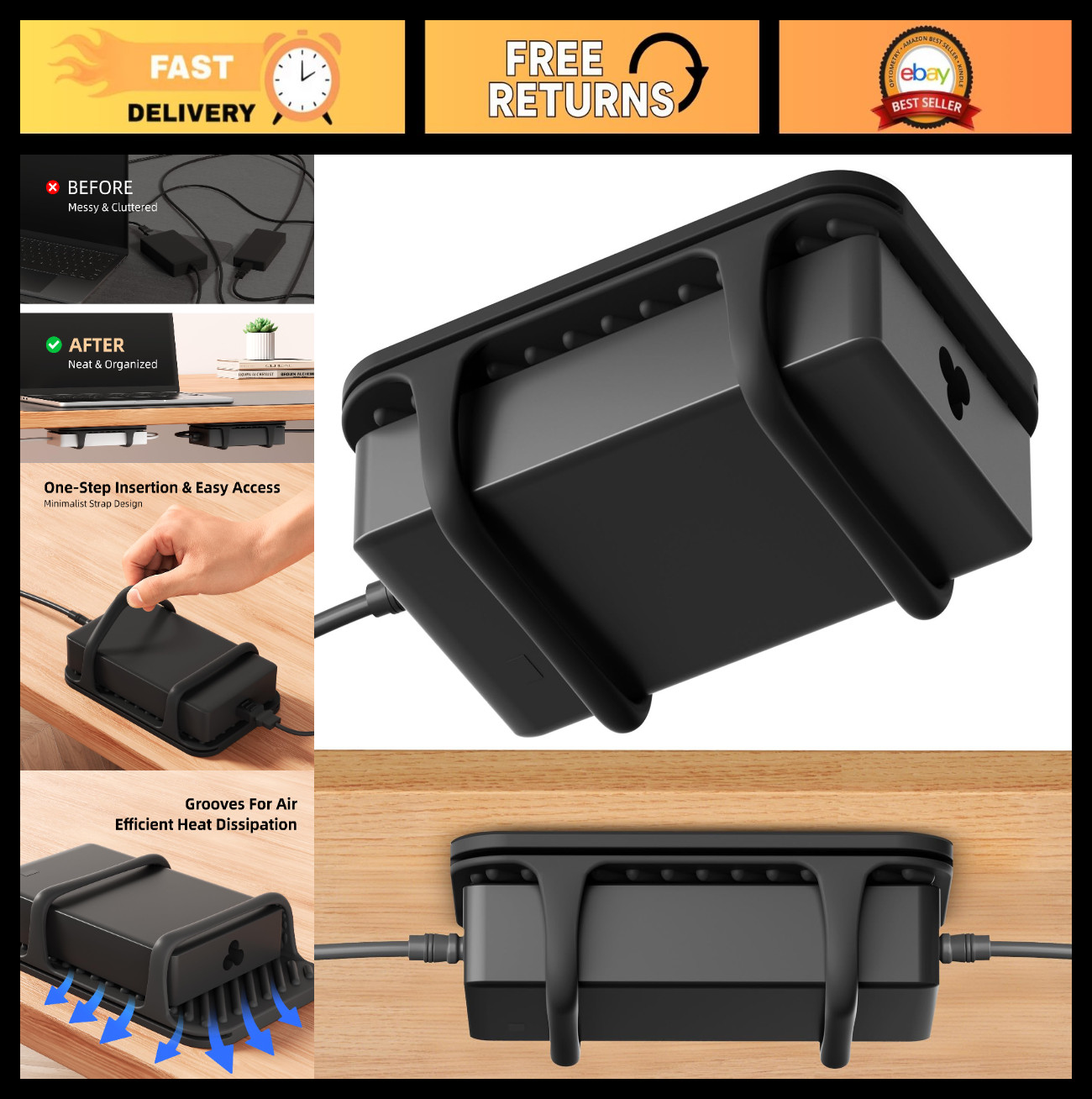 Universal Silicone Laptop Charger Holder - Under Desk Power Brick Organizer, Non