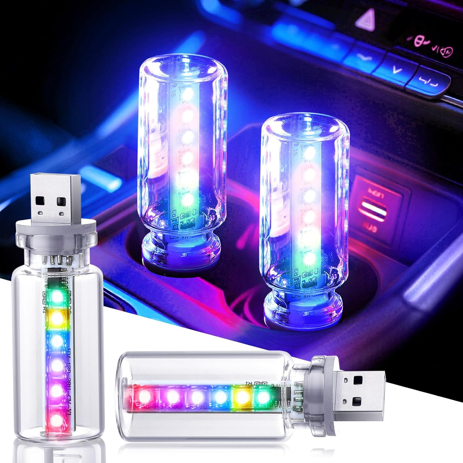 2PCS 13 in 1 USB Car Light, Plug in USB Interior Car Lights, Touch Control Mini