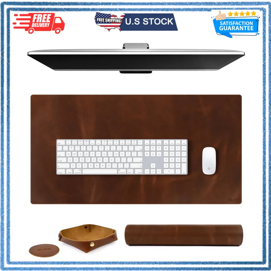 Elizo Real Leather Desk Mat Set 32x16 Large Desk Blotter Protector Antique