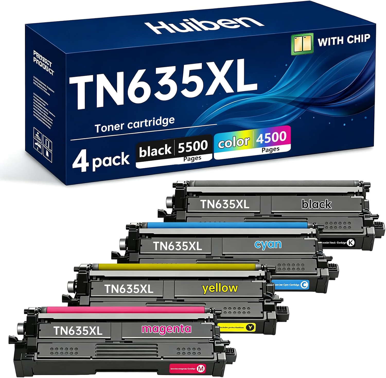 With Chip 4-Pack Black Cyan Magenta Yellow TN635XL Brother Printer Toner