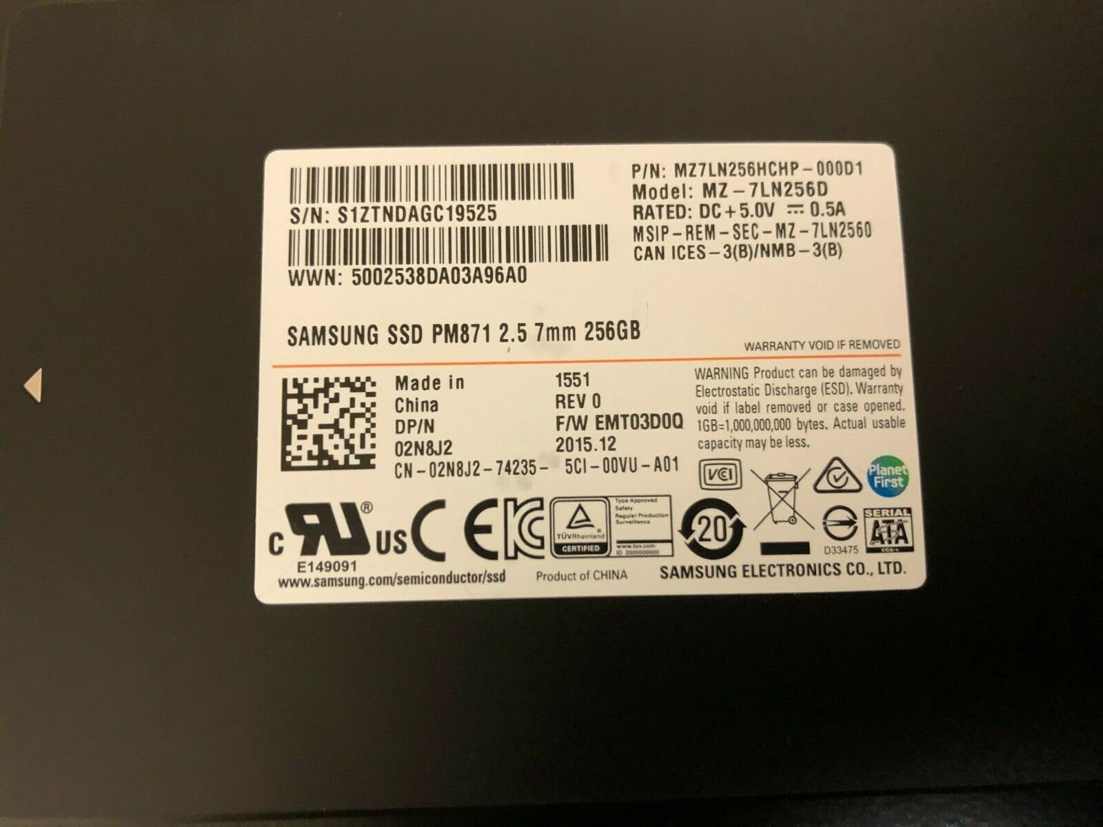 Samsung PM871 256GB 2.5-inch SATA SSD MZ-7LN256D 02N8J2