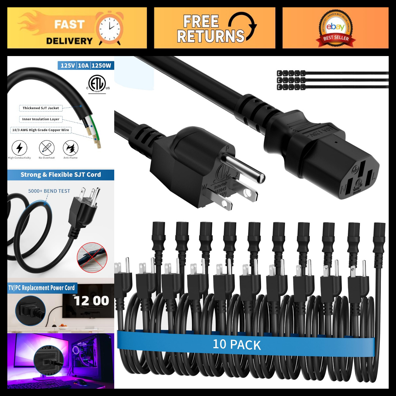 10ft Universal 3-Prong AC Power Cord - 10 Pack, IEC C13 C14 for PC, Treadmill, P