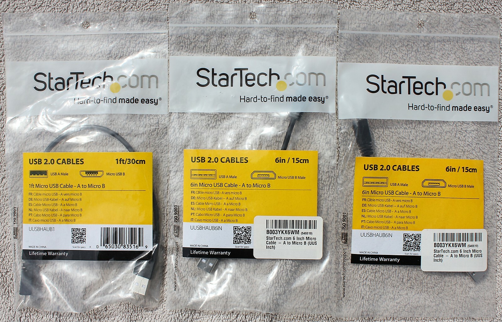 3 Quality StarTech.com USB A Male to Micro USB B Male Cables 2-6" & 1-12" Black