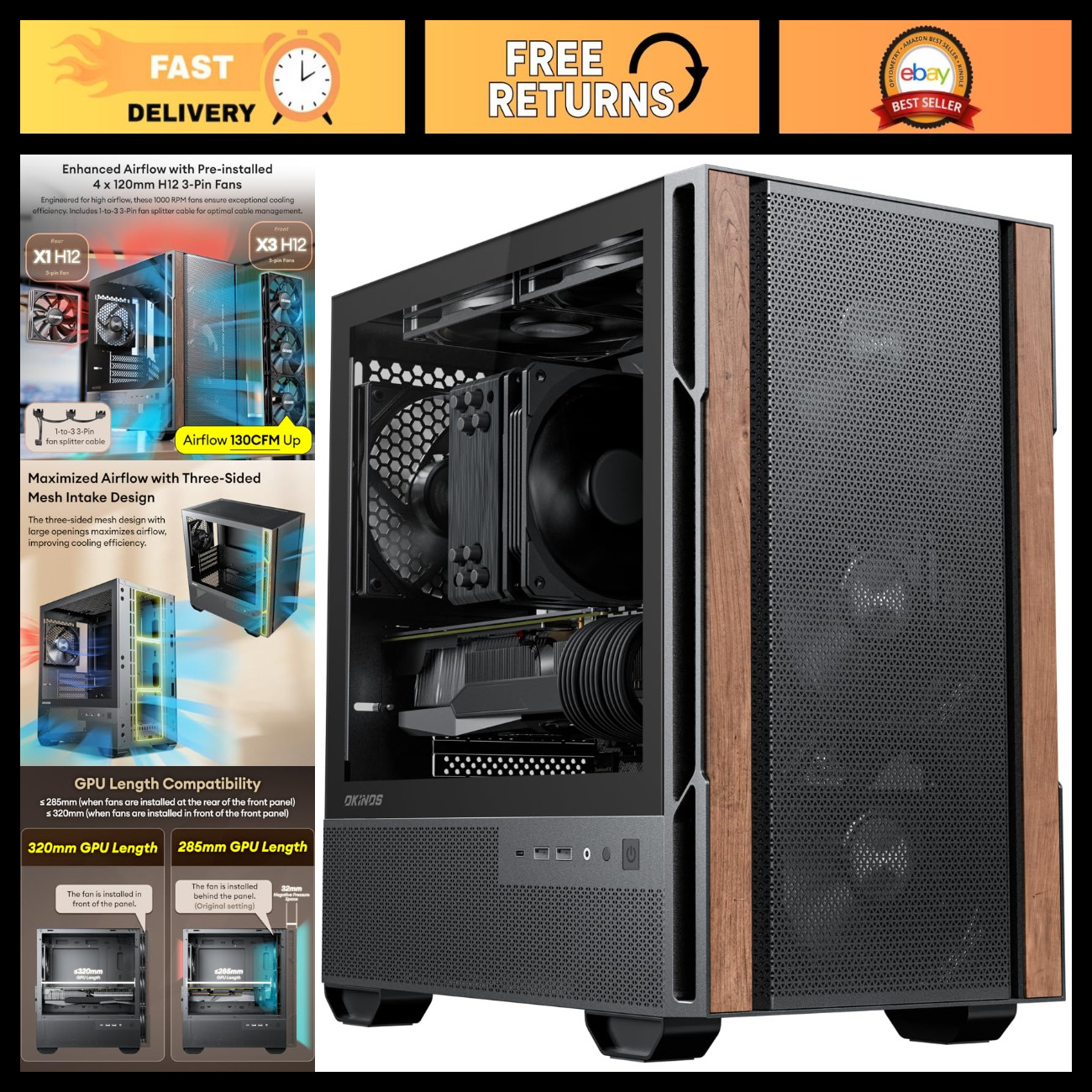 Walnut Wood Micro ATX PC Case, Tempered Glass Side Panel, 4x120mm Fans, Type-C