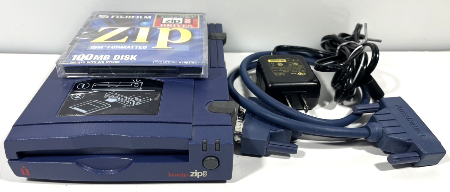 Iomega Zip Z100P2 External SCSI Zip Drive 100MB w/Power Cable New Disk Tested