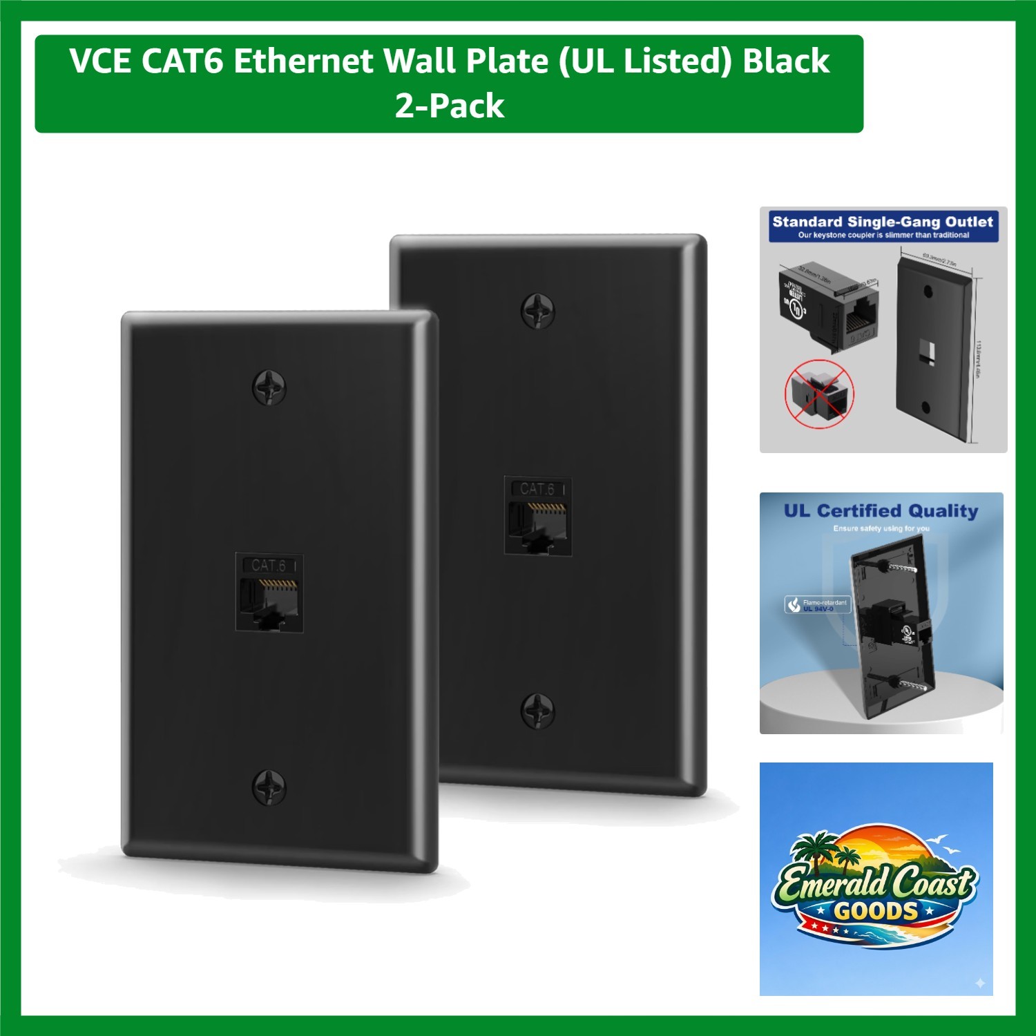 Ethernet Wall Plate  Listed Black 2-Pack