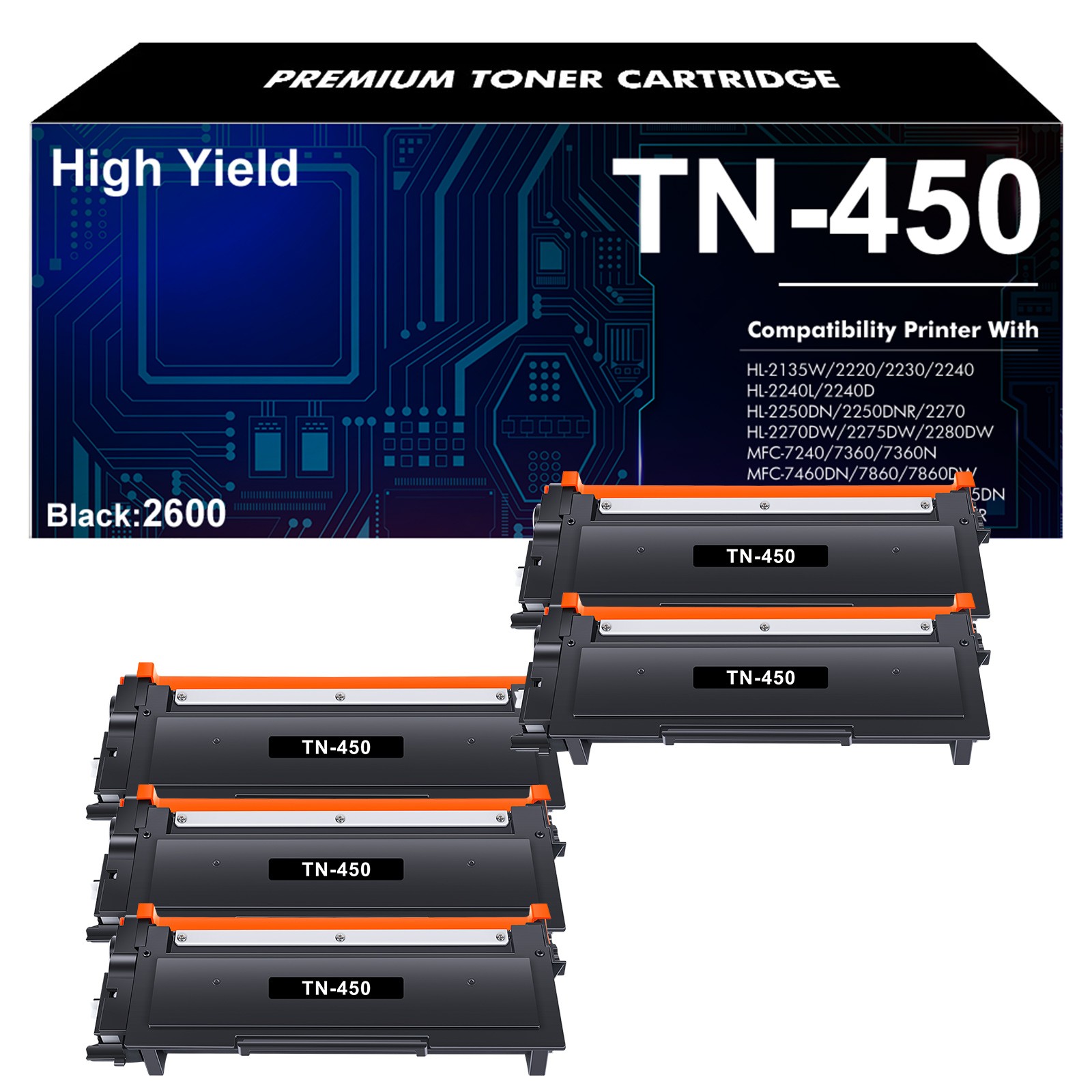 5PK Black TN450 Toner Cartridge For Brother HL-2242D HL-2250DN HL-2270DW 2242D