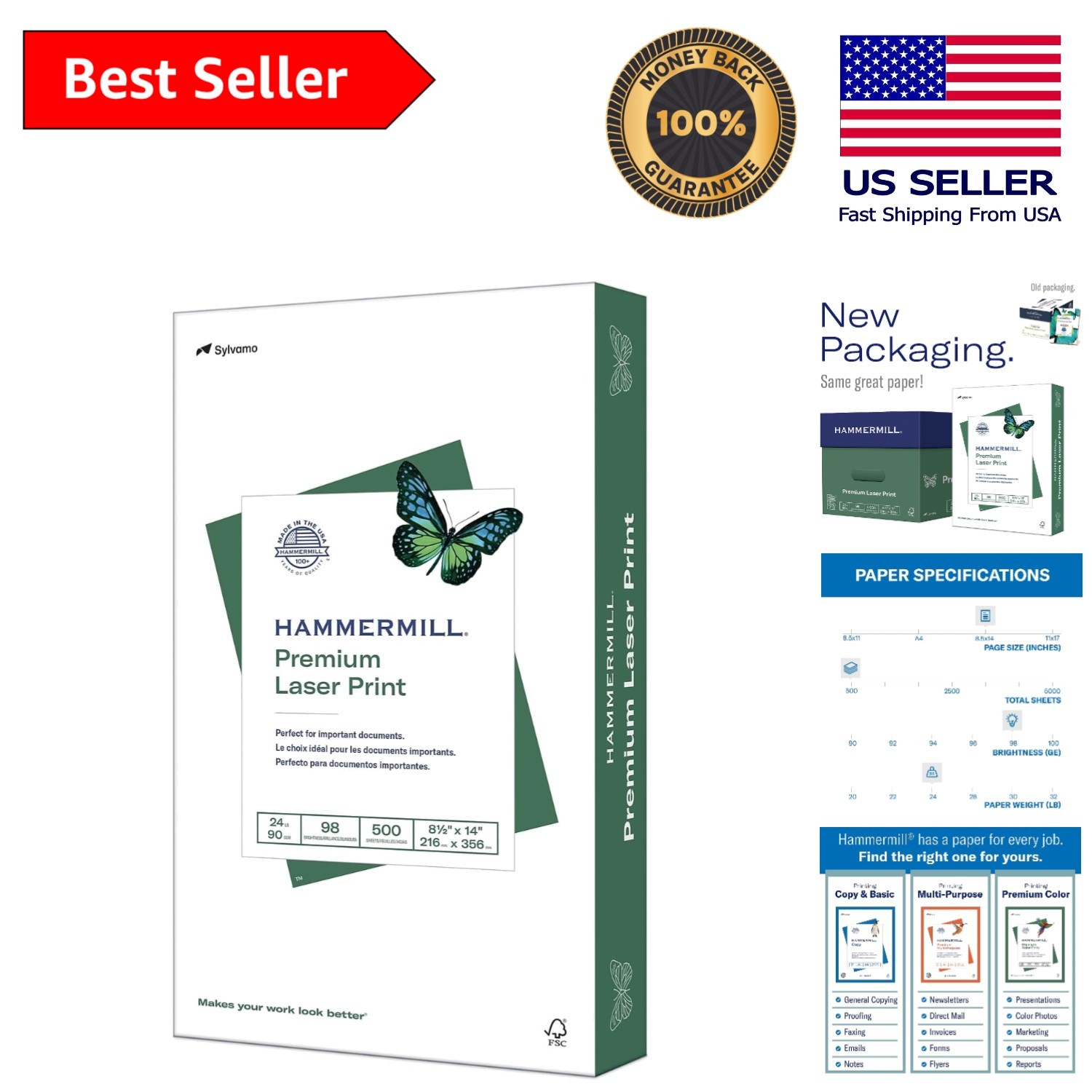 Sustainable 24lb Laser Print Paper - 8.5x14 Legal Size, 500 Sheets, Eco-Friendly