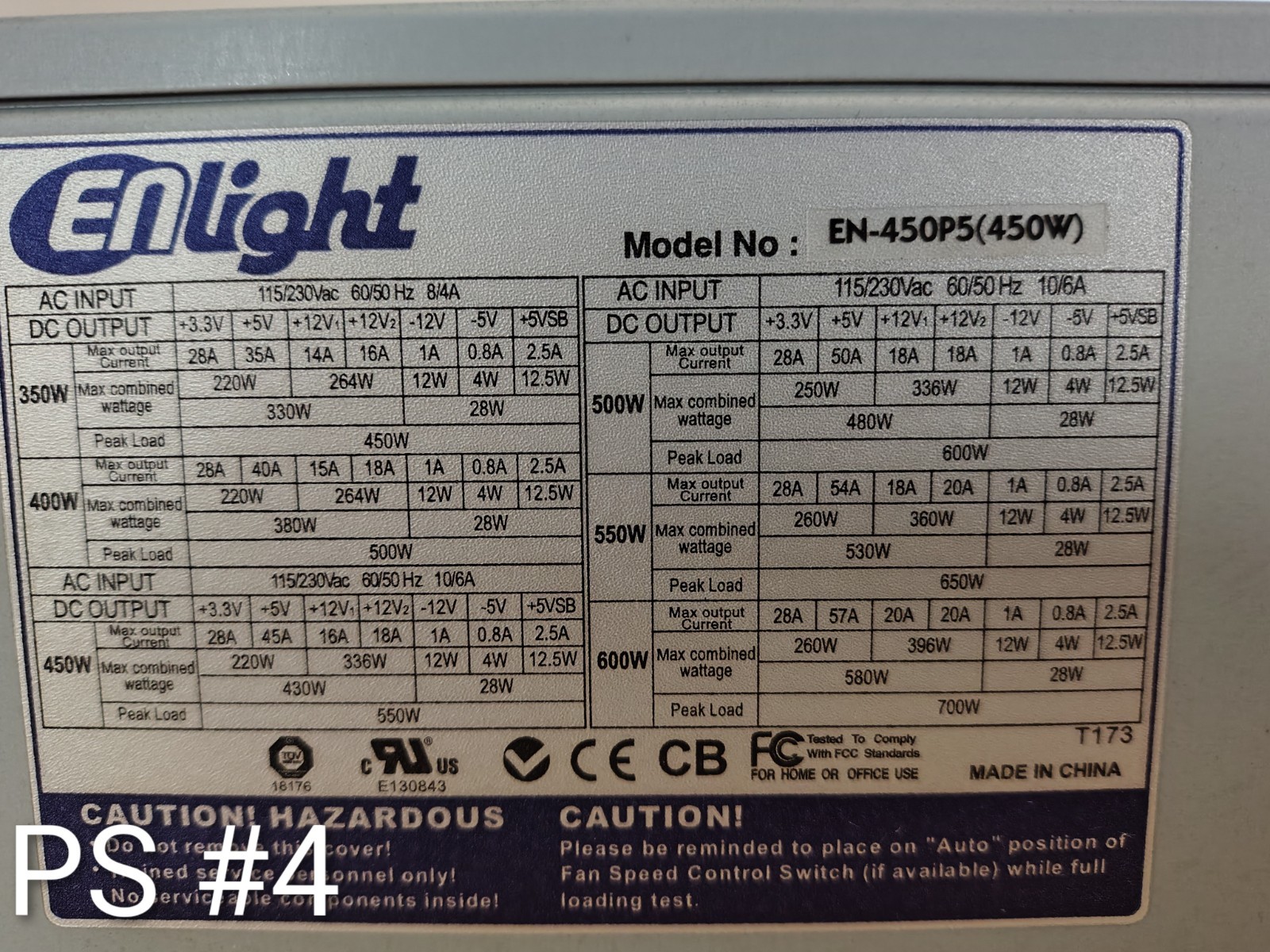 Enlight PS04 450W EN-450P5 20+4PIN 2x SATA PC Power Supply