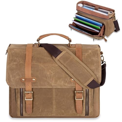  Mens Messenger Bag with Accordion File Folder, Vintage Leather Waxed Canvas 