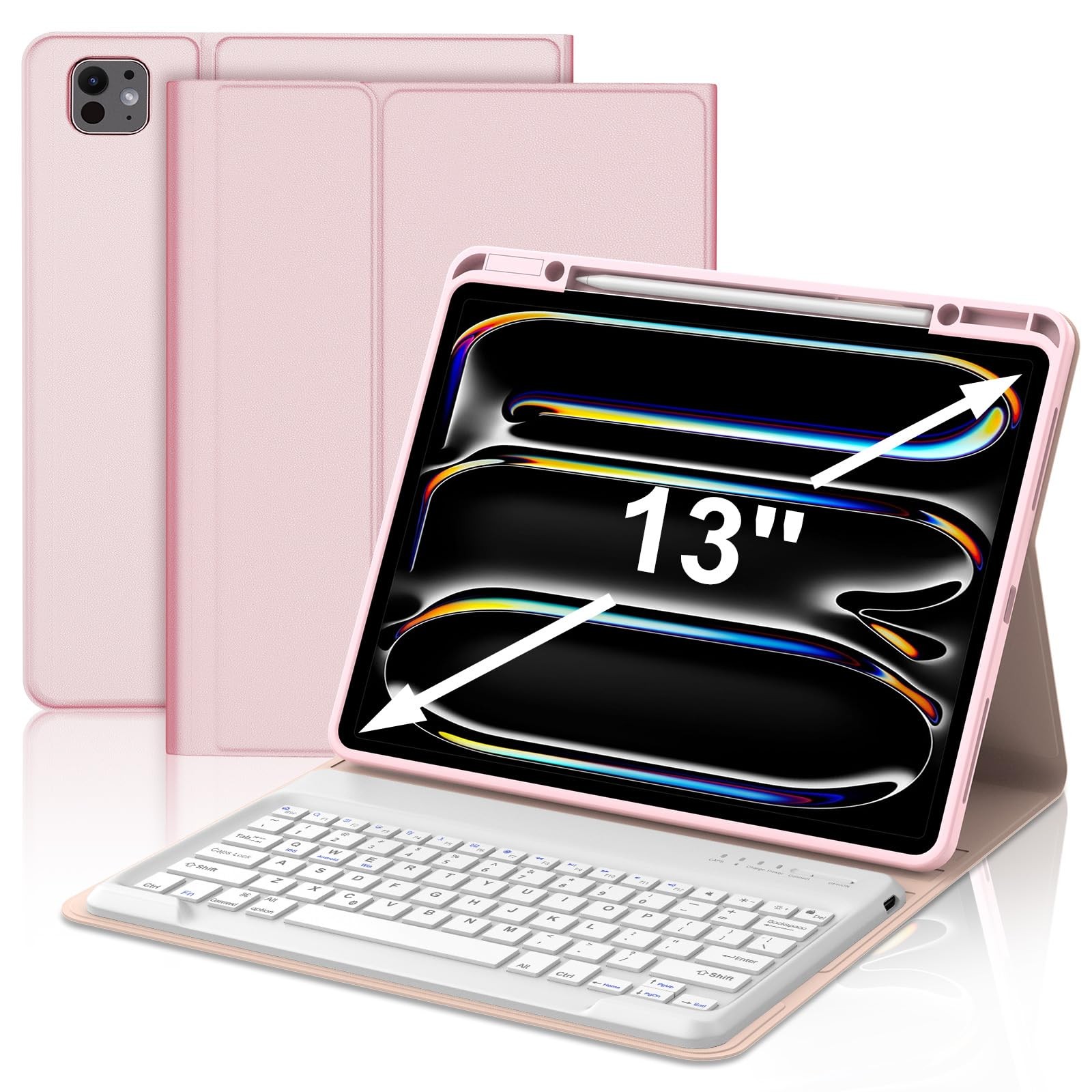 for iPad Pro13 Inch M4 Case 2024 with Keyboard, Magnetic Detachable Key Pink 