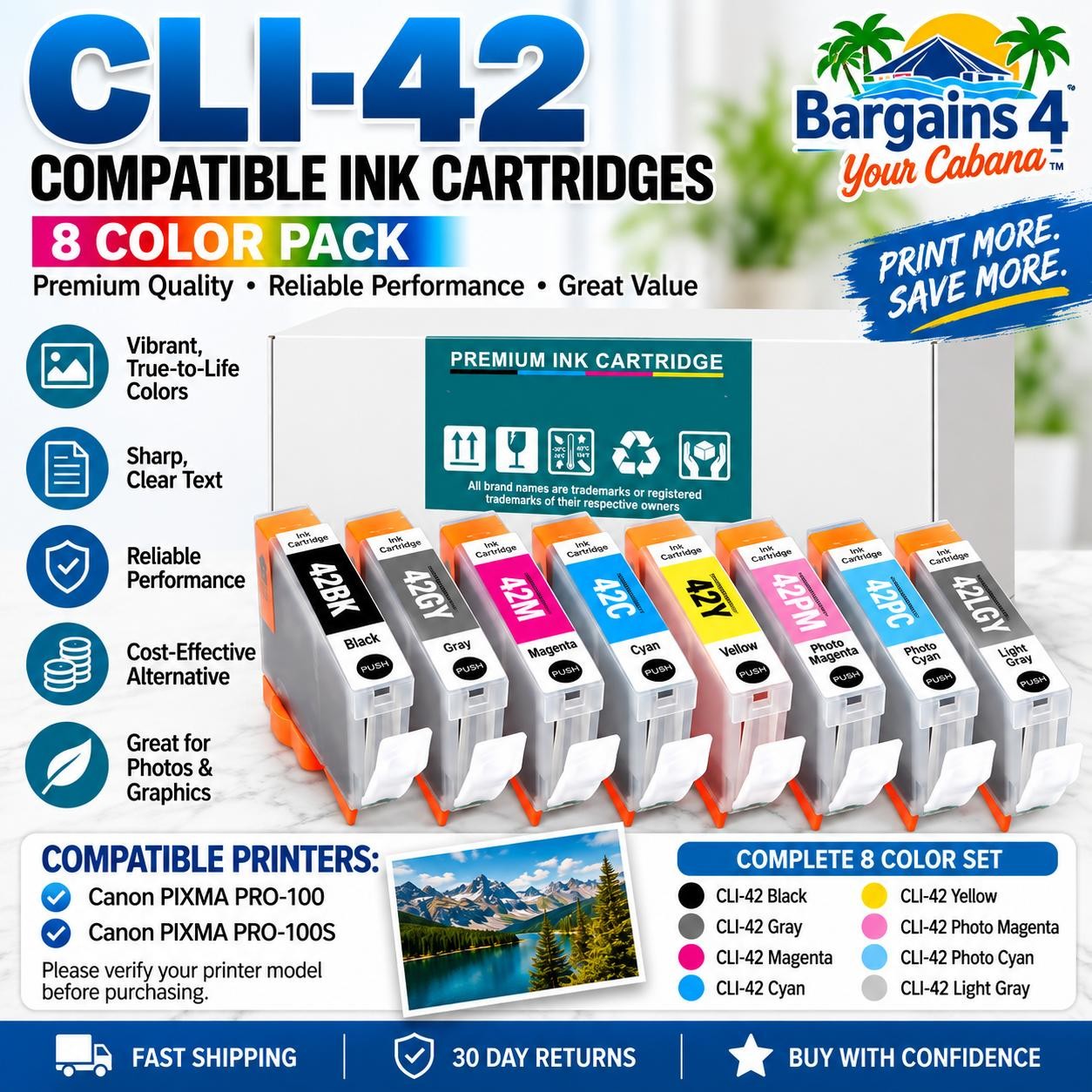 CLI-42 Ink Cartridges 8 Pack Compatible Canon PIXMA PRO-100 PRO-100S Full Color