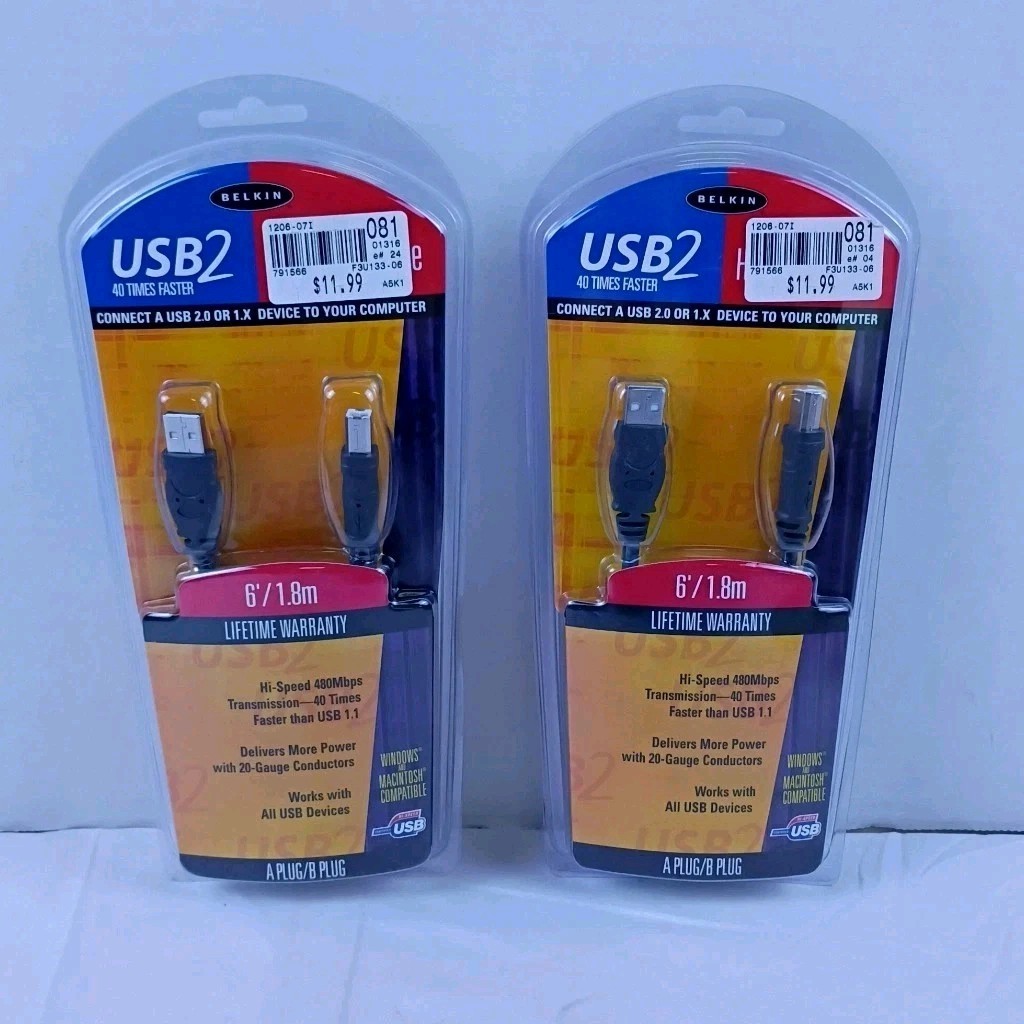 Belkin USB 2 2.0 Cable 6ft USB A Plug 2 B Plug Model F3U133-06 Lot of 2 New