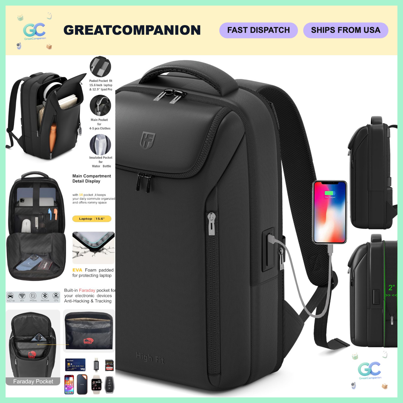 Expandable Travel Backpack with USB Charging, Fits 15.6" Laptop, Commute Bag