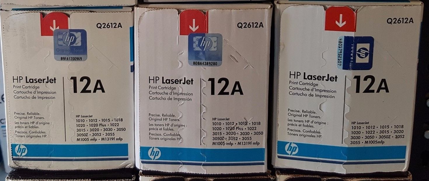 3 Genuine Factory Sealed HP Q2612A Toner Cartridges 12A Blue & Wht Boxes