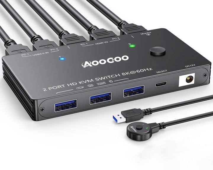 8K HDMI KVM Switch 2 Computers 1 Monitor USB 3.0 2 Port With Cables