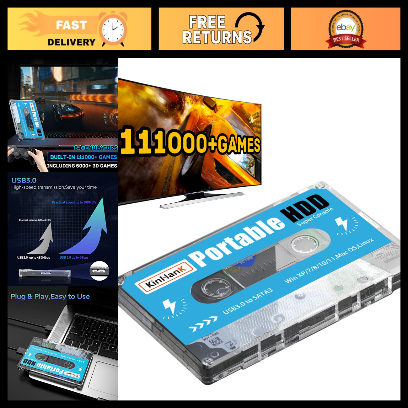 500G Portable External Game Hard Drive, 111000+ Games, Batocera 33, PC/Laptop