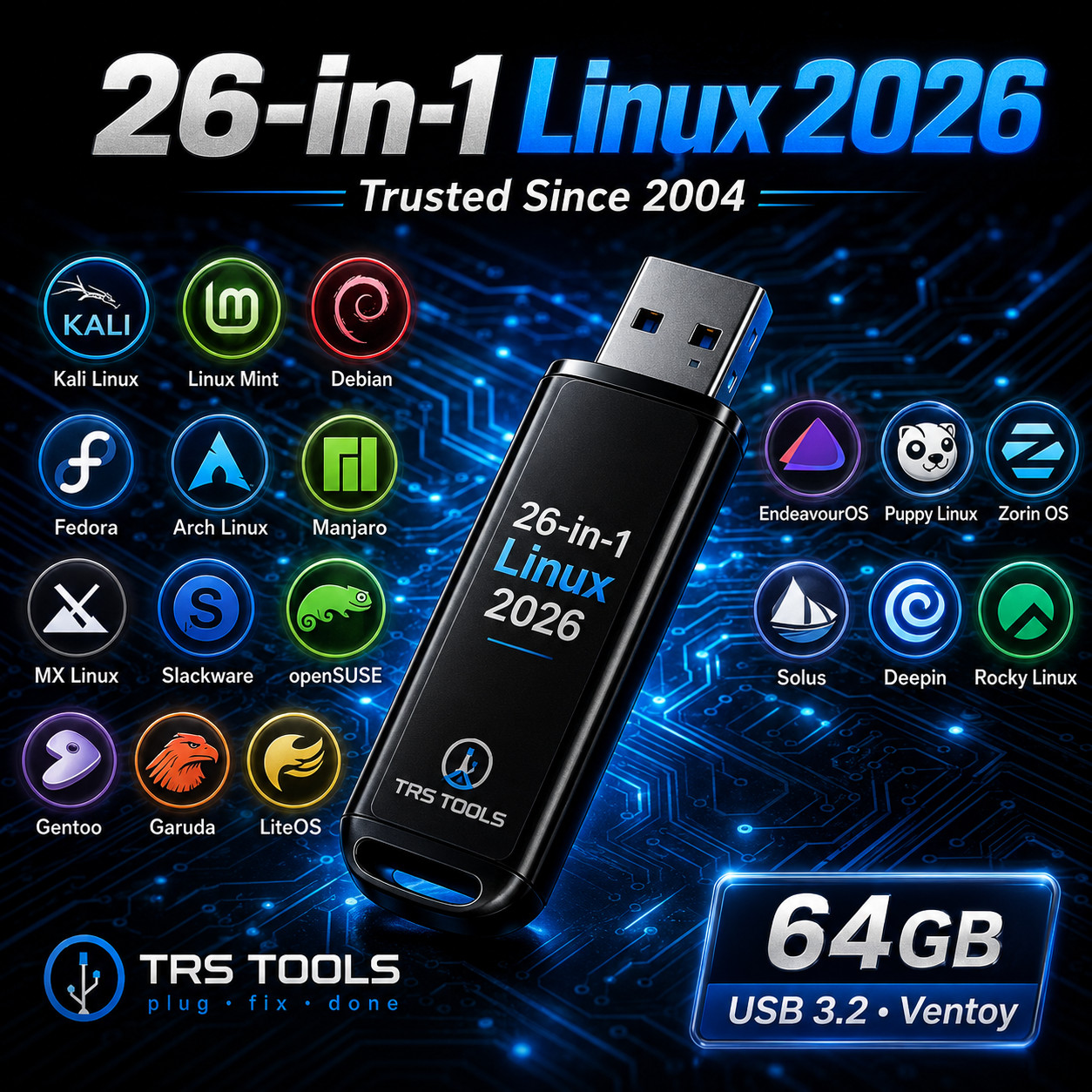 26-in-1 Linux Multiboot USB 64GB USB 3.2 | Mint Kali Zorin Fedora