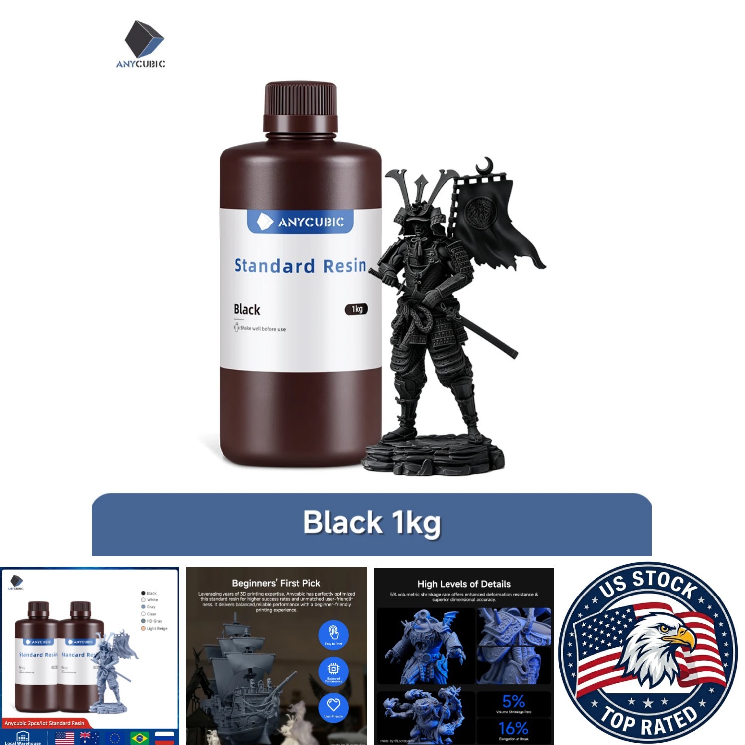 ANYCUBIC 405nm UV Resin for LCD 3D Printer - High Hardness, Low - 1kg Black