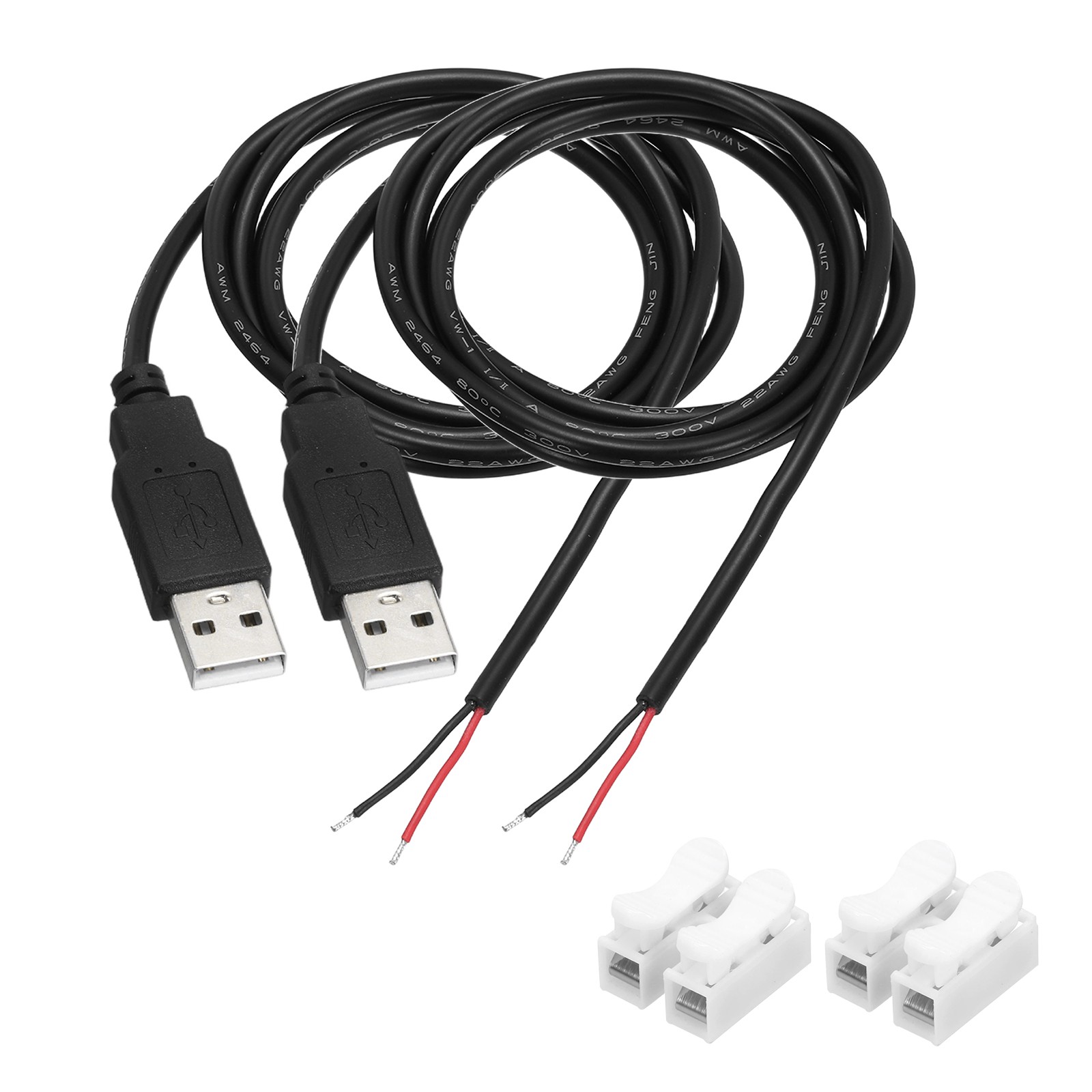 2Pcs USB Plug Pigtail, 1M/3.2FT Male 22 AWG 5V 3A with Wire Connector, Black