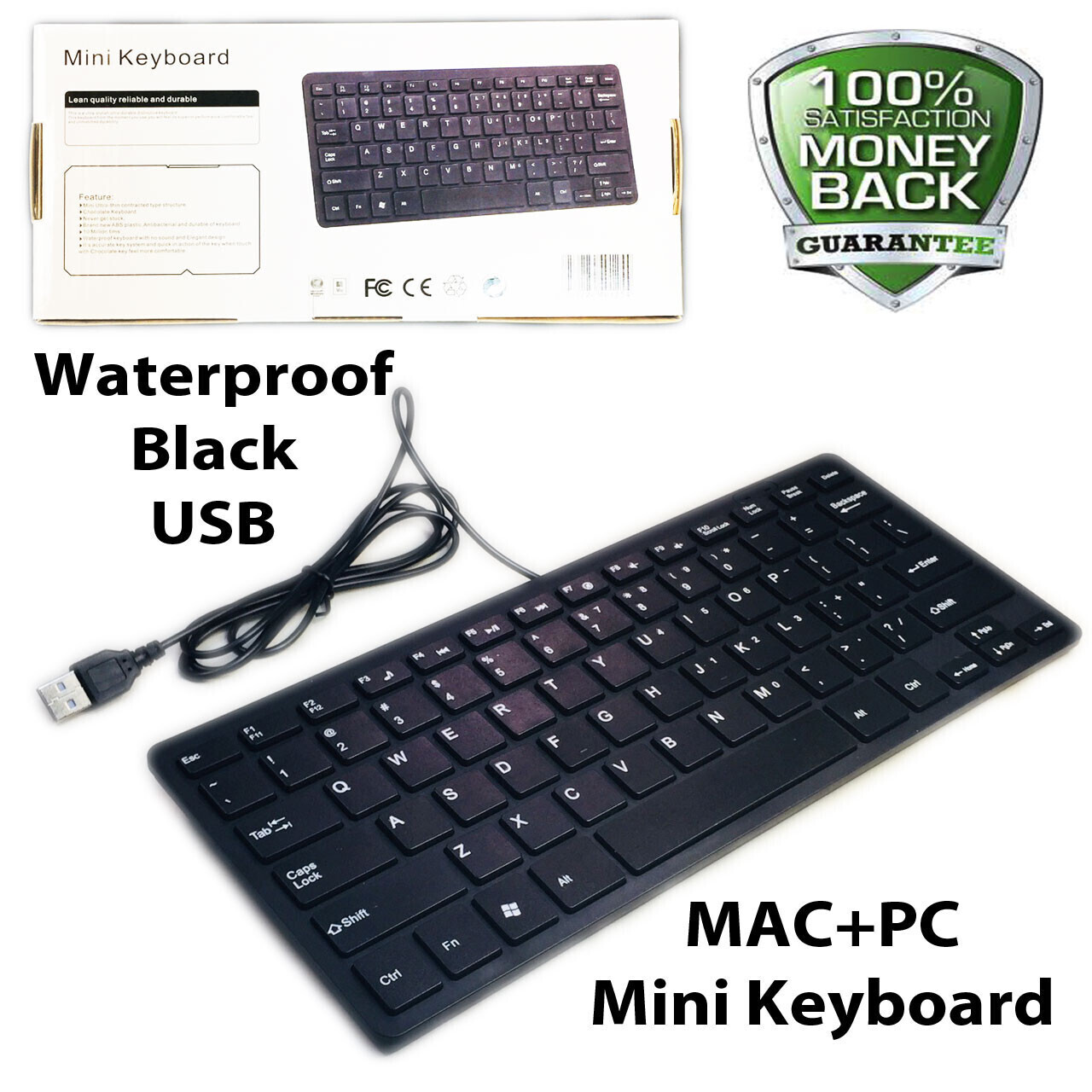 Mini Keyboard Mac + PC Black Quiet Small Size 78 Keys Multimedia USB Waterproof 