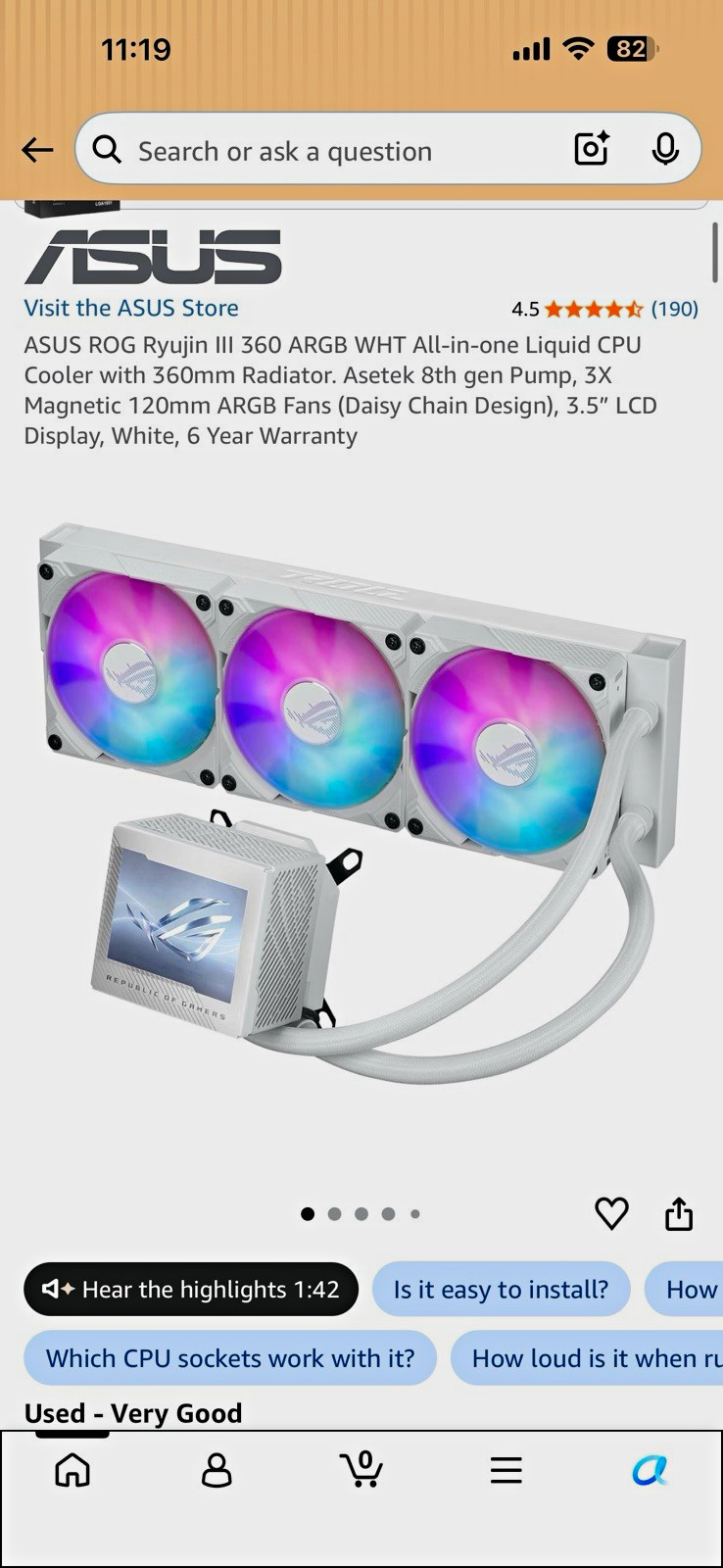 ASUS ROG Ryujin III 360 ARGB WHT 360mm Liquid CPU Cooler 3.5" LCD White
