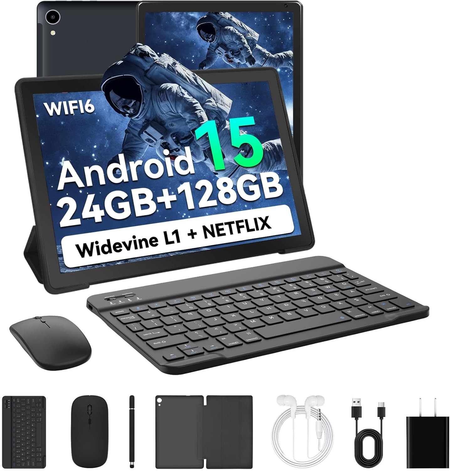 10.1 inch Android 15 Tablets IPS HD Touchscreen Octa-Core 24+128GB Dual Camera