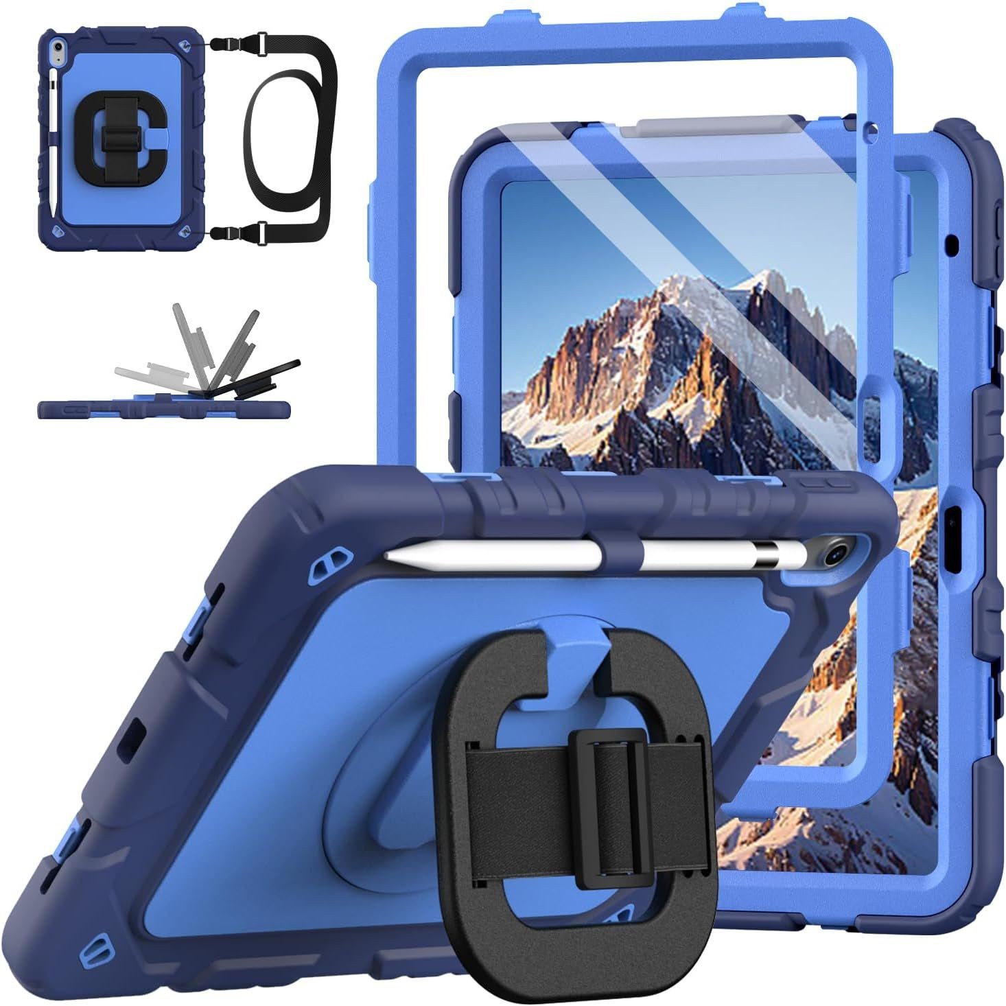 Navy Blue iPad Case Cover with Screen Protector, 360° Rotating Stand for Kids
