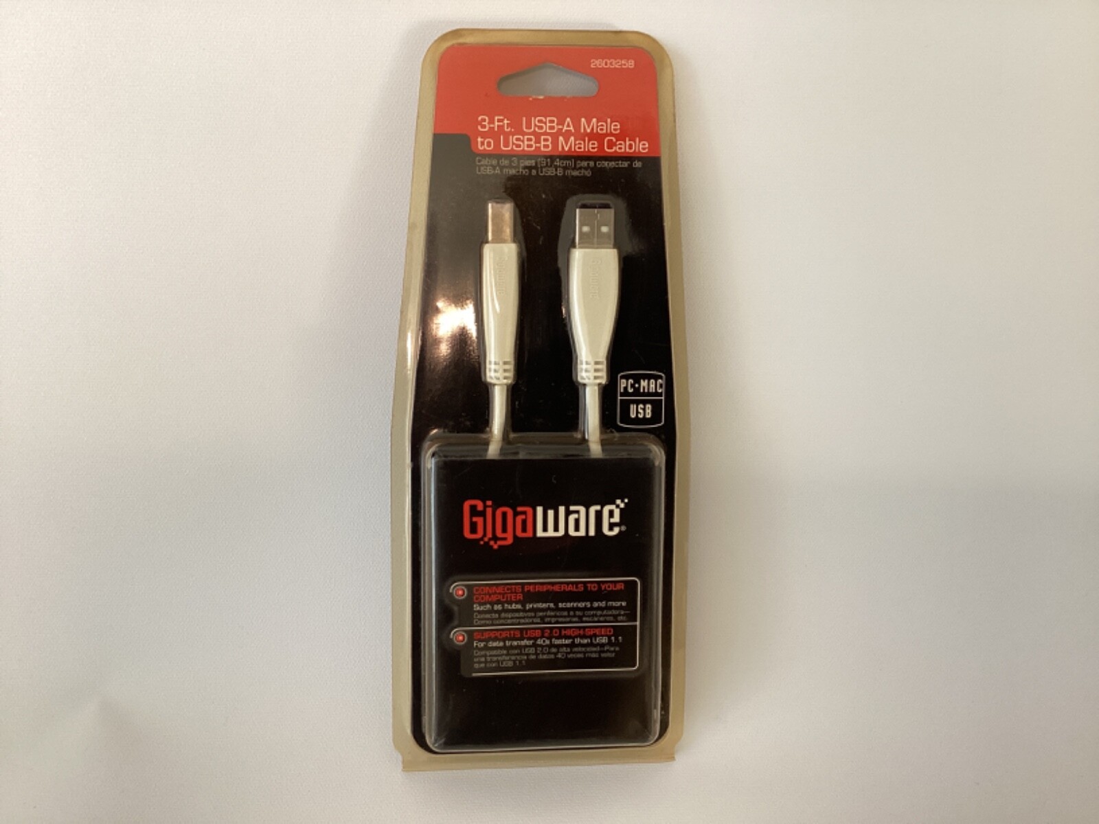 GIGAWARE 3-FT. USB-A MALE TO USB-B MALE WHITE CABLE 260-3258