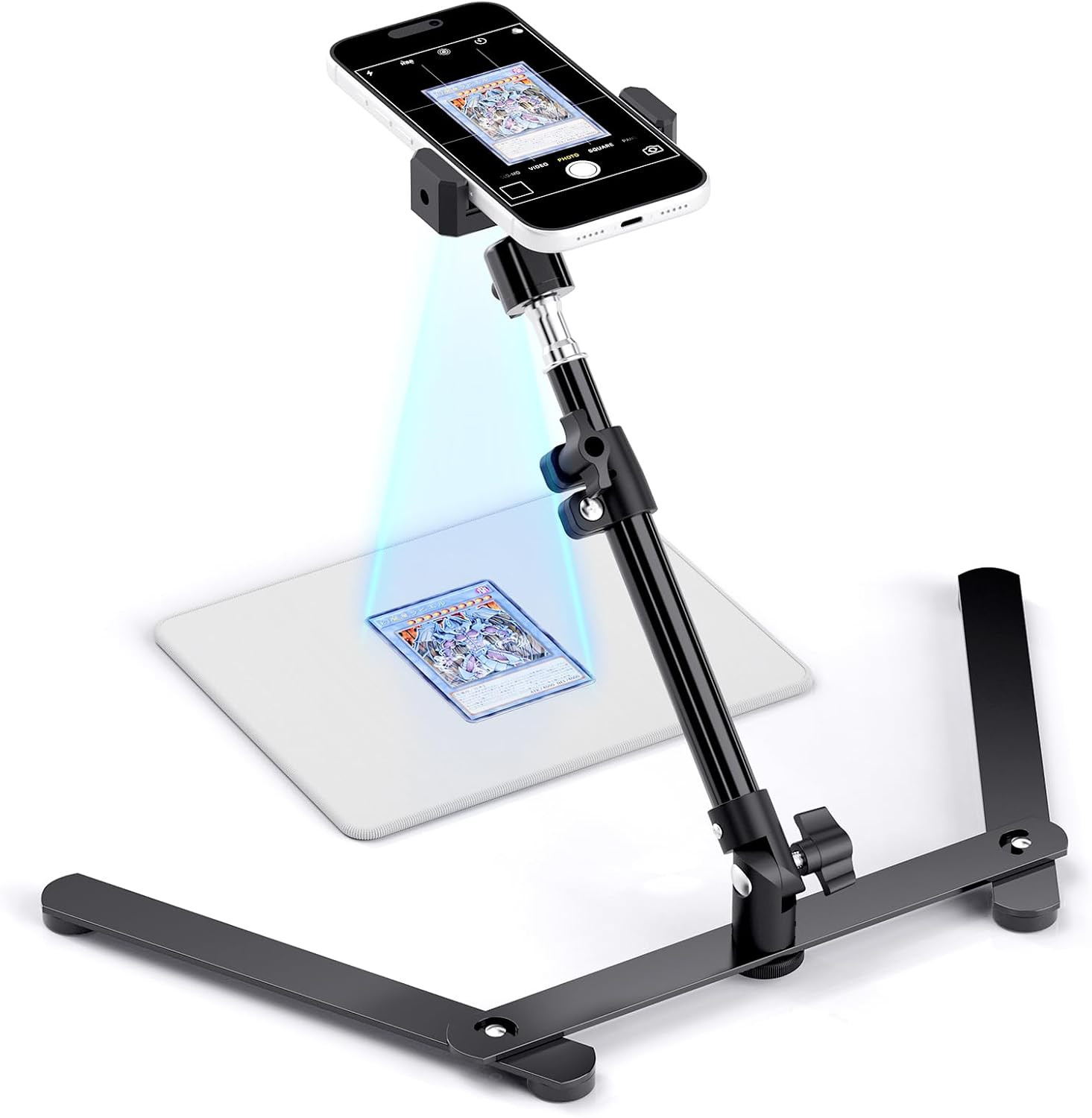 Adjustable Trading Card Scanner Stand with Iron Base & Non-Slip Phone Clamp Perf