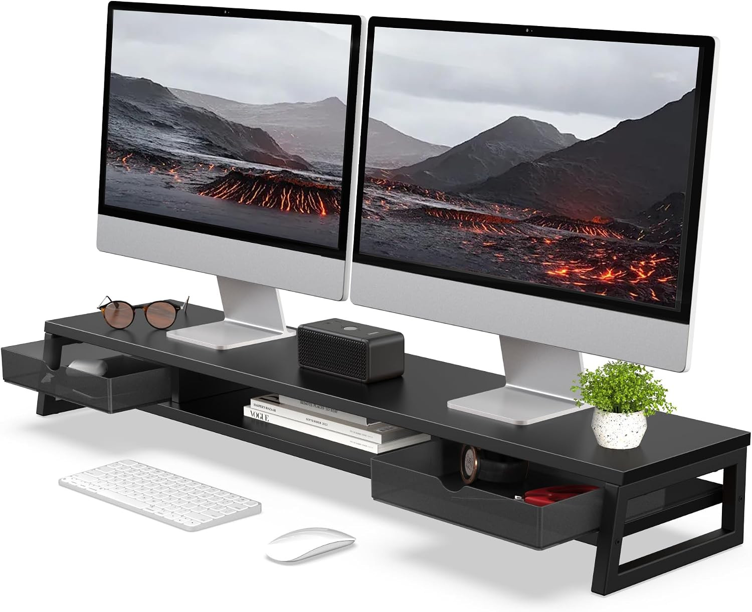 Fenge Dual Monitor Stand Riser, 42.5In Desk Shelf with 2 Drawers, Black