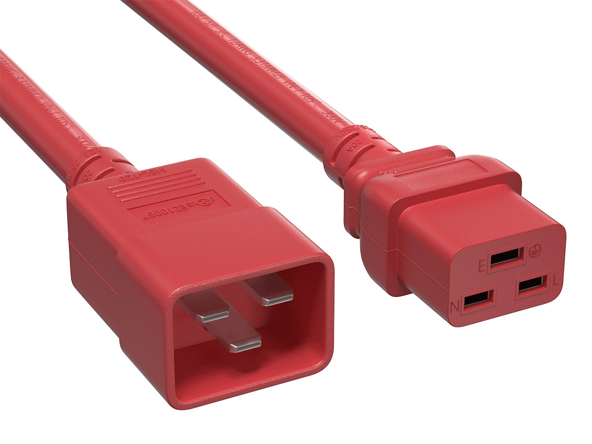 7ft IEC320 C20 to C19 Heavy Duty Extension Power Cord, 12AWG, SJT, 20A/250V, Red