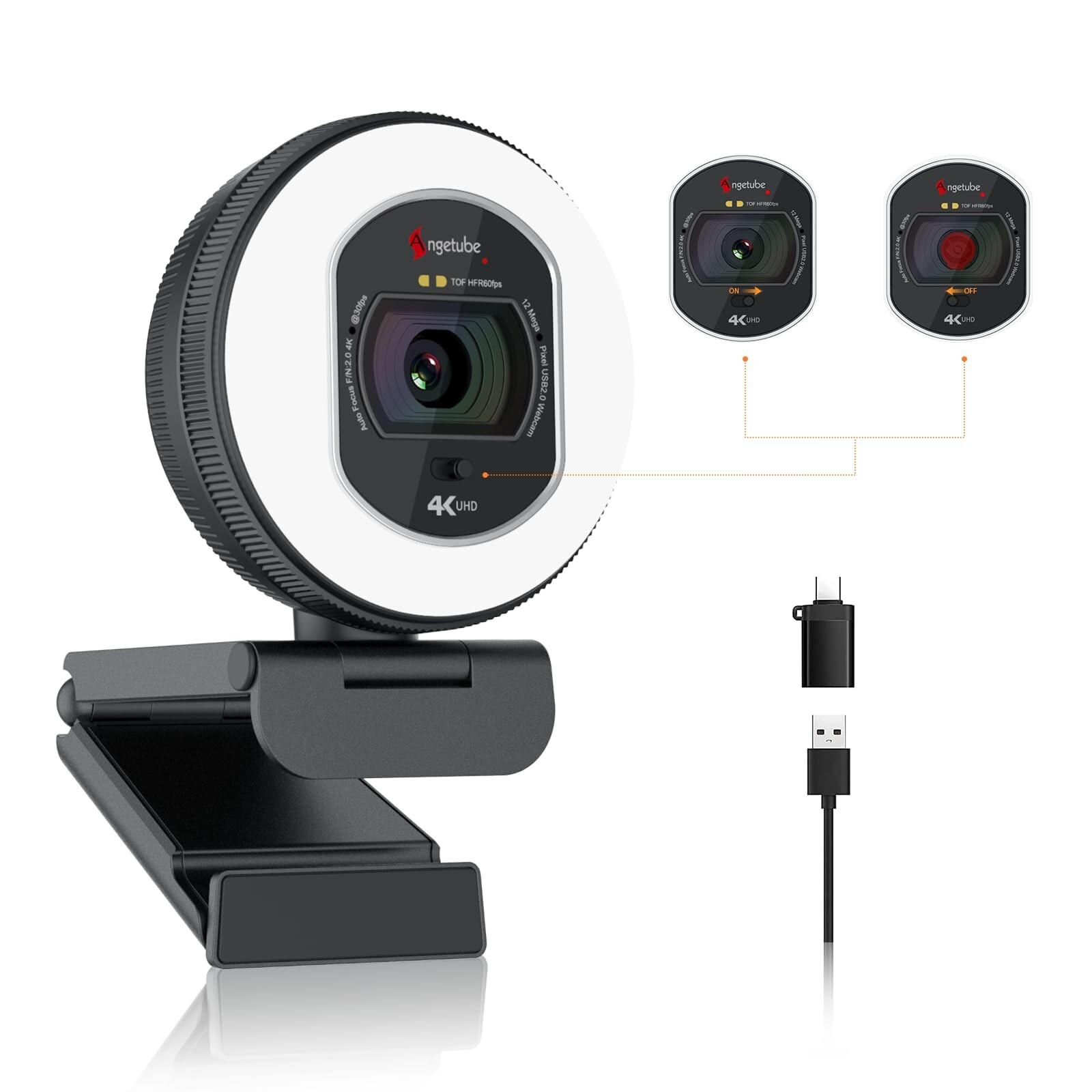 Angetube 4K Webcam with Light for PC: UHD 4K, TOF Auto Focus, Dual AI Noise-C...