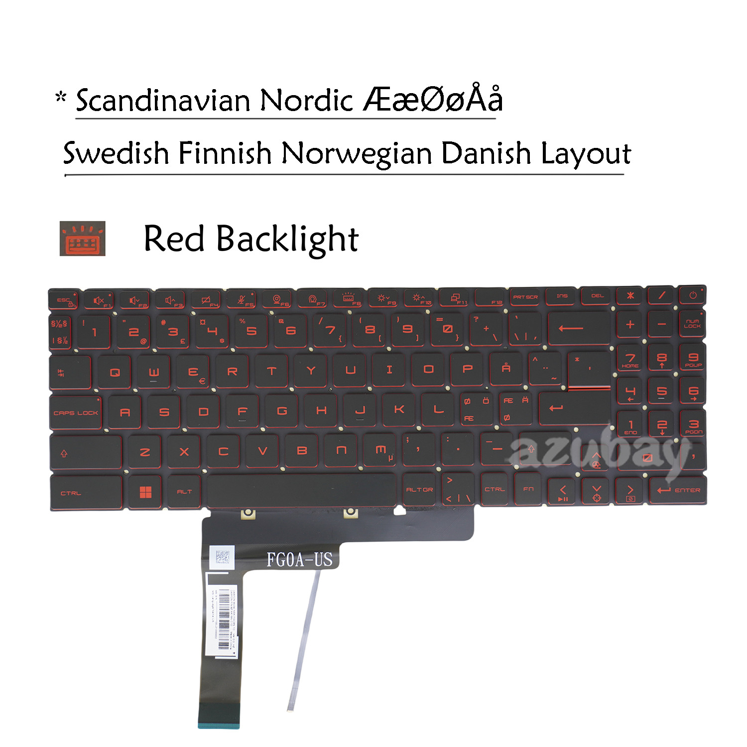 Nordic Laptop Keyboard for MSI Alpha 15 B5EE, Bravo 15 B5DD/ 15 B5ED Red Backlit