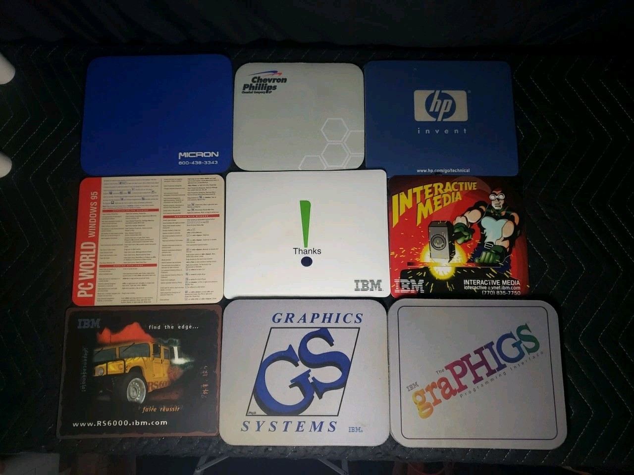 Lot of 9 Mousepads (x5 IBM, HP, PC World, Micron & Chevron Phillips)