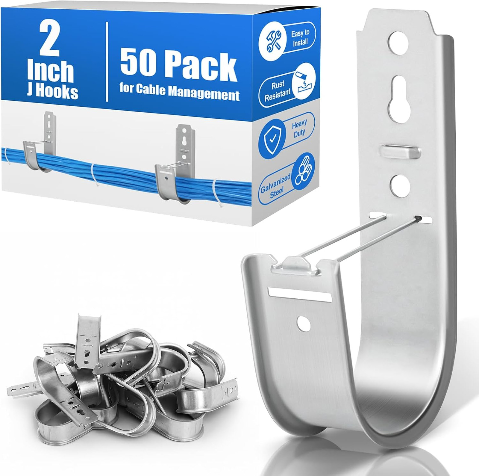 50 Pack 2 Inch J Hooks for Cabling, Galvanized Steel Cable Supports
