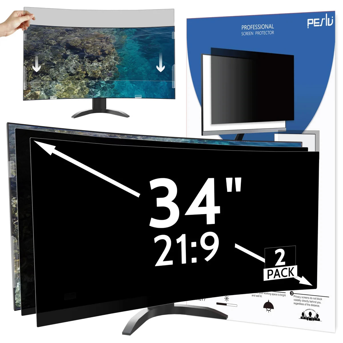 2-Pack 34" Privacy Screen for Curved 21:9 Monitor Anti-Glare Blue Light Filter.