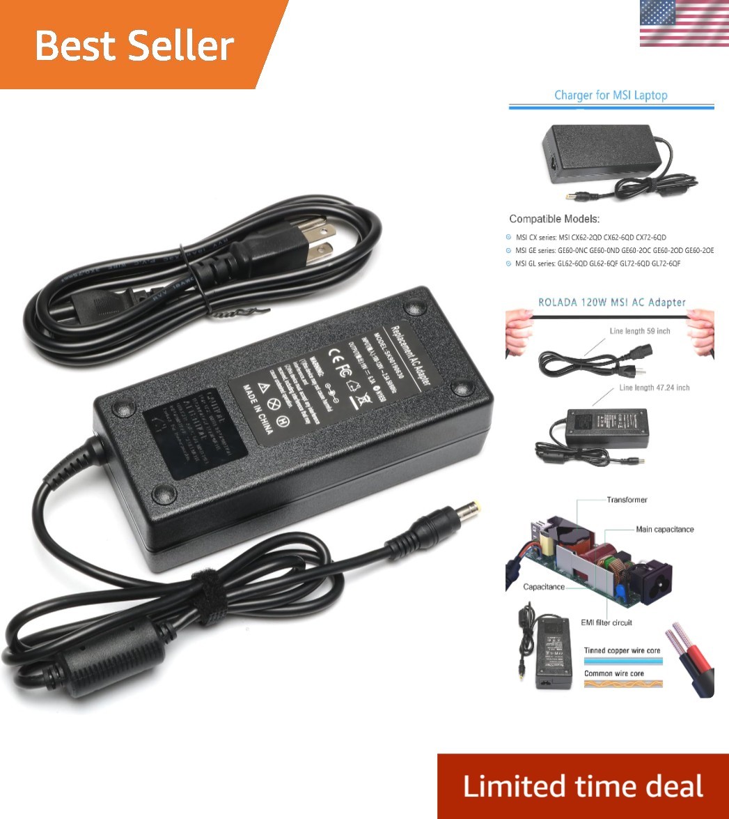 120W Laptop Charger Compatible with MSI CX62 GE60 GE60K GE62 GE70 GE70K GE72 ...