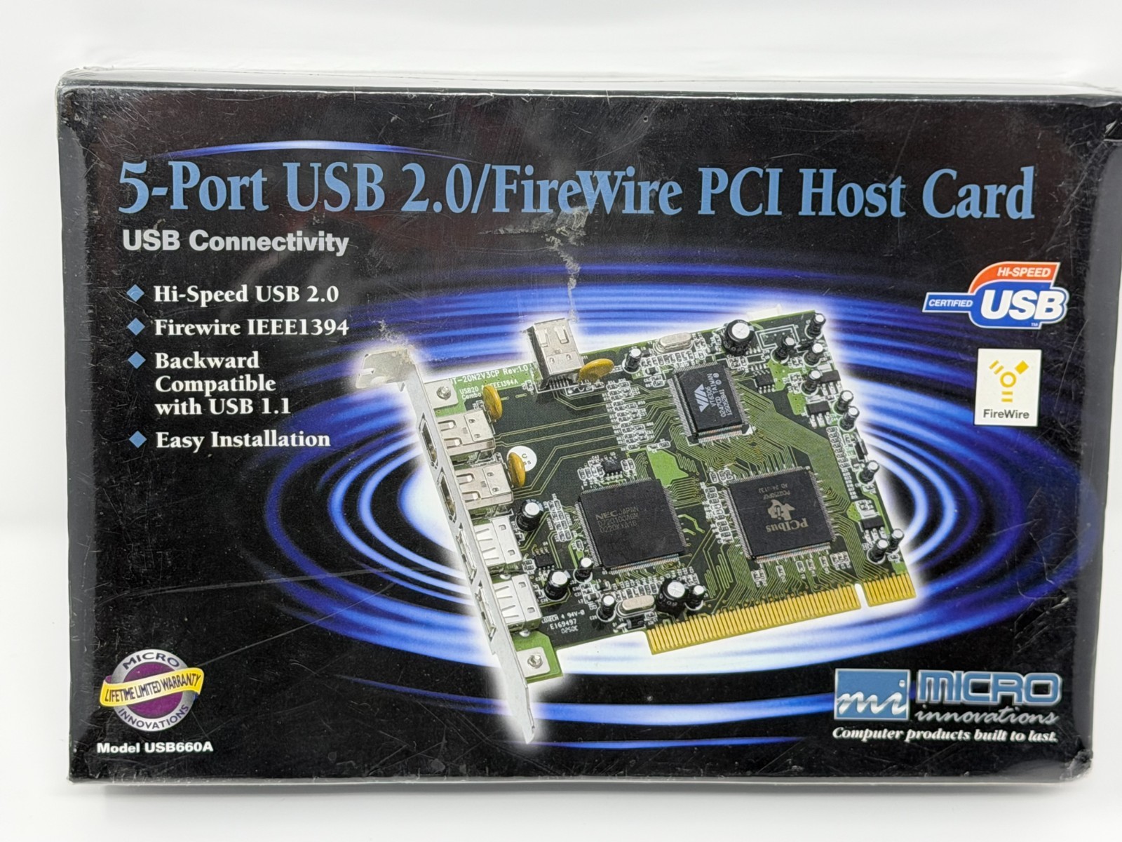 Micro Innovations USB660A 5-Port USB 2.0 FireWire PCI Host Card NEW Sealed