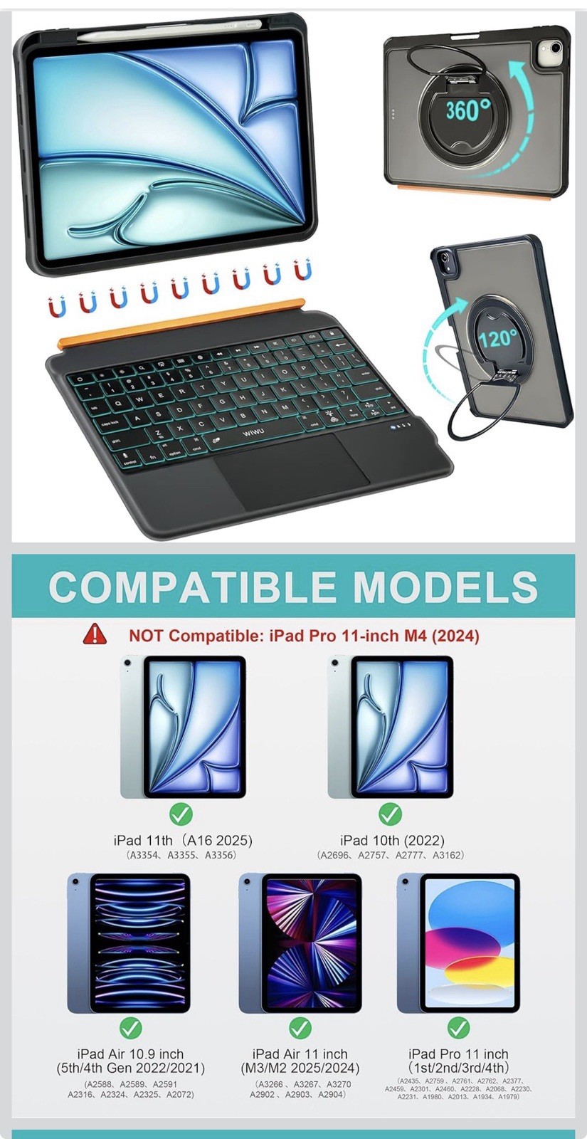 WIWU iPad Case Keyboard 11” 360°Stand Magnetic Detachable 7 Color Backlit Keys