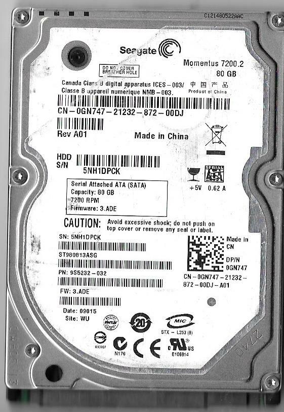 Seagate ST980813ASG 80GB Sata Hard Drive P/N: 9S5232-032  5NH  WU