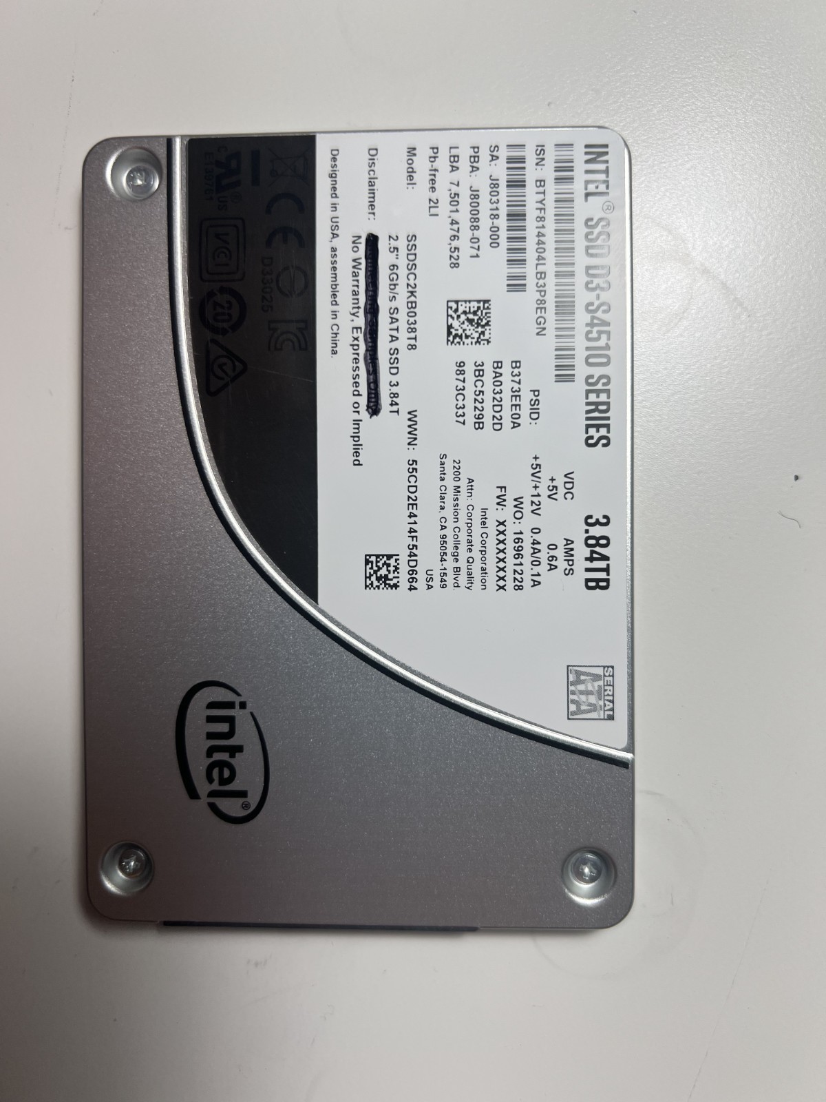 Intel SSDSC2KB038T8 3.8TB 2.5 Inch Internal SSD NO WARRANTY
