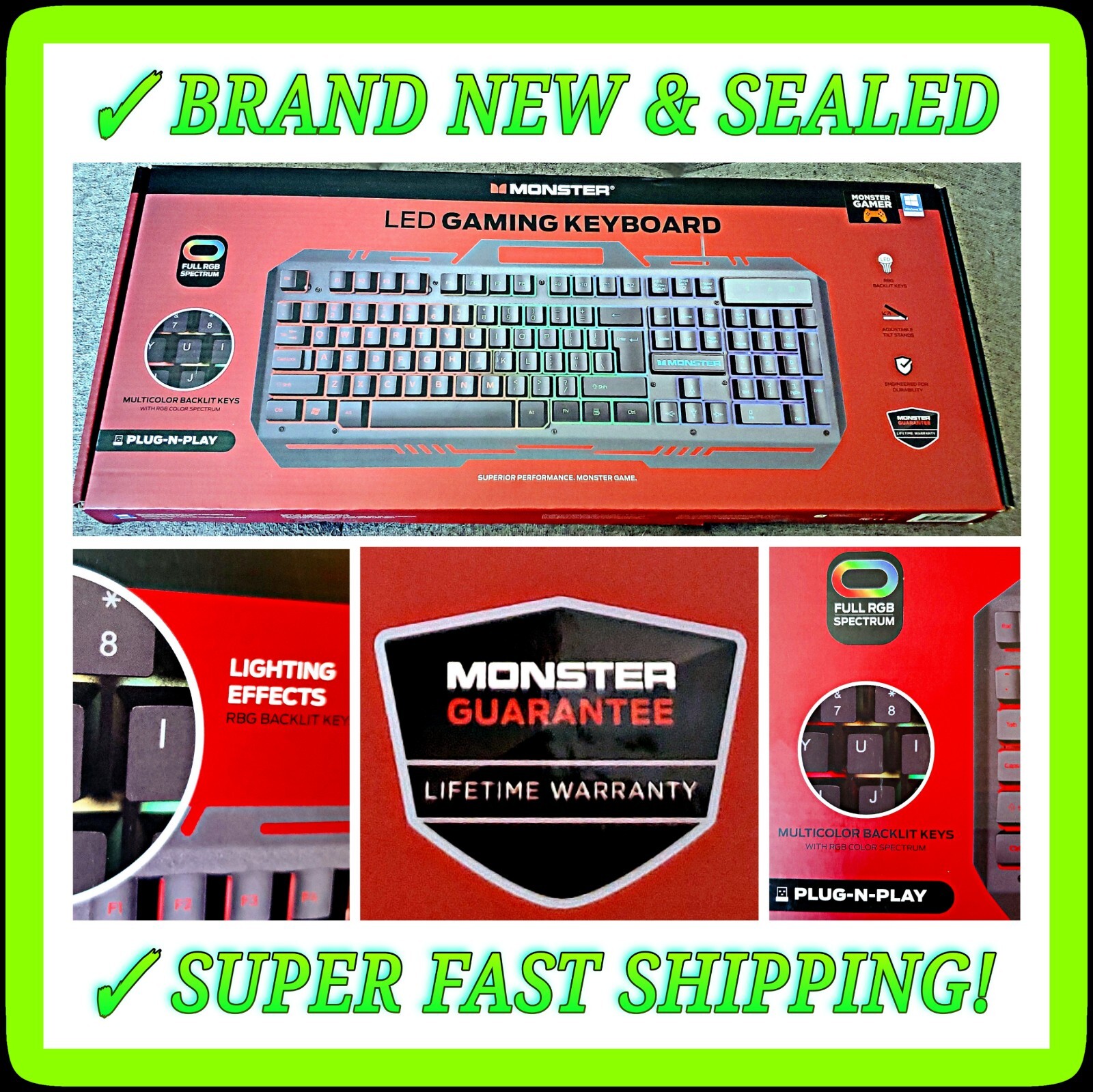 🔴 Monster LED Gaming Keyboard FULL RGB 🏆 LIFETIME WARRANTY 🆕 BRAND NEW SEALED