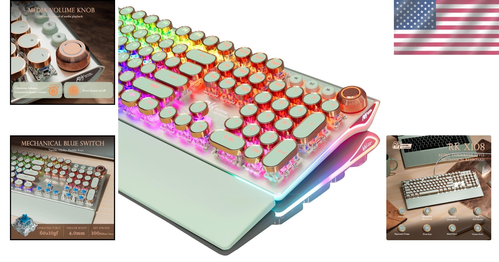 Retro Typewriter Gaming Keyboard | 108-Key RGB Blue Switch, Volume Knob, Wris...