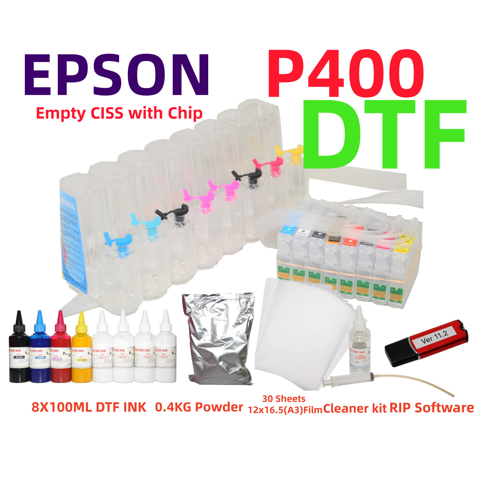 DTF Printing Kit for SC P400 : CISS, Ink, Film, Powder, RIP