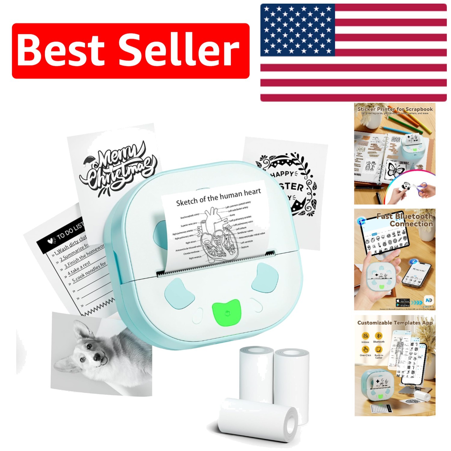Bluetooth Mini Sticker Printer - Portable Inkless Thermal Maker with Paper Rolls