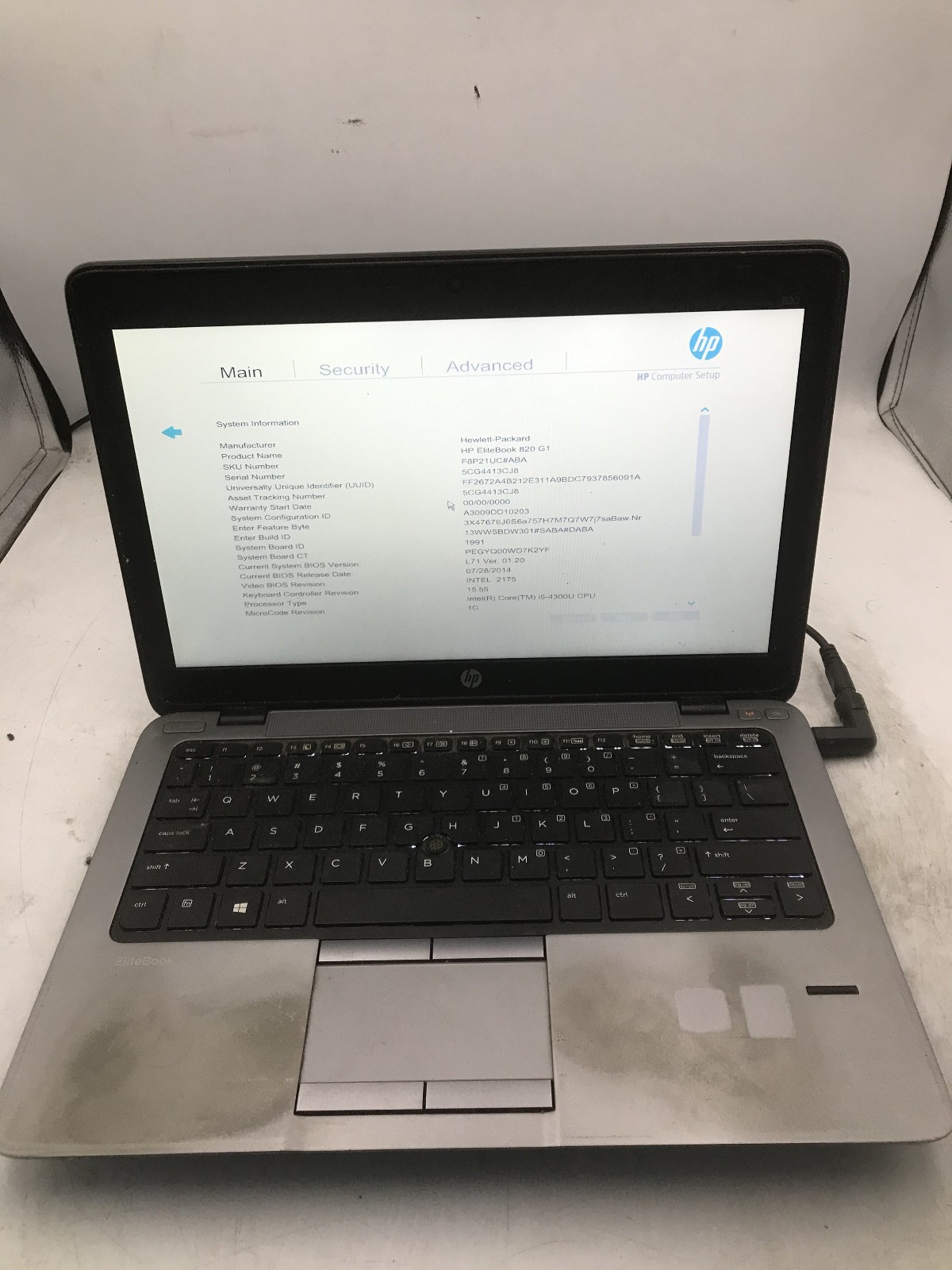 HP ELITEBOOK 820 G1 - BOOTS TO BIOS - INTEL I5 4300 - NO RAM - 12" -READ DESC-BB