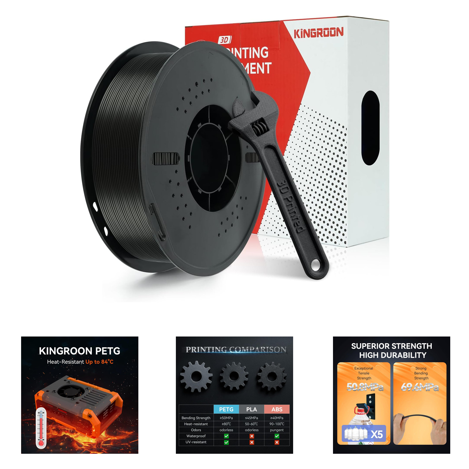 PETG 3D Printer Filament High Strength Low Warping 1.75mm Black Durable Outdoor