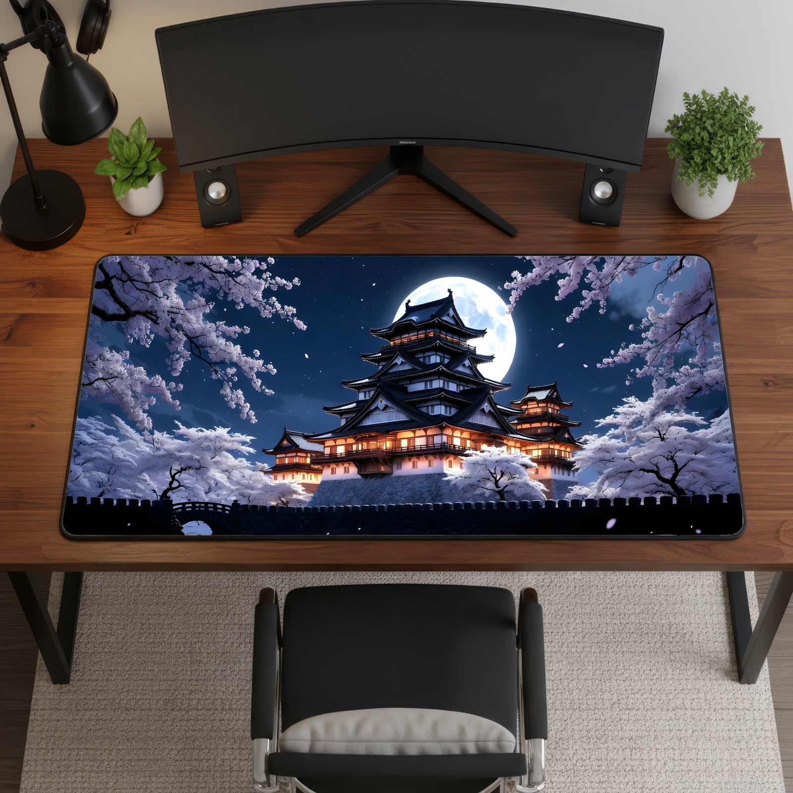 Japanese Castle Sakura Night Desk Mat 16x32 Moon Mouse Pad XL