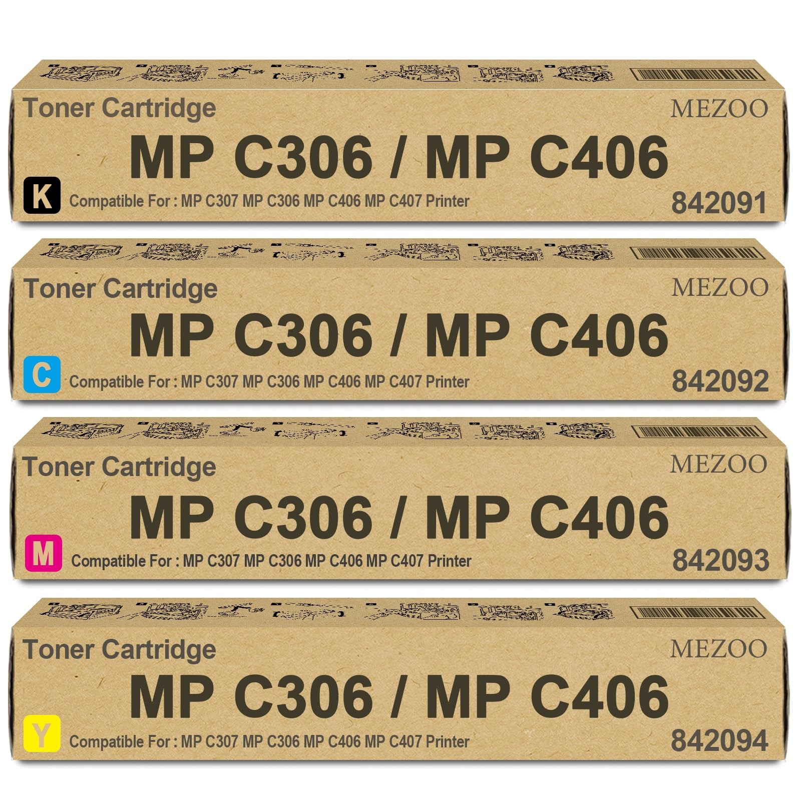 MP C306 MP C406 Toner Cartridge High Yield 842091 842092 842093 842094
